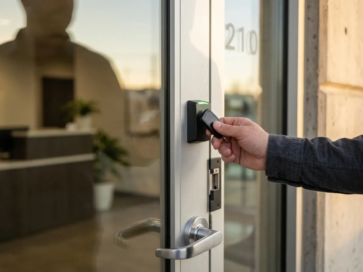 Hand presenting a key fob to a proximity reader beside a glass suite door with an electric strike