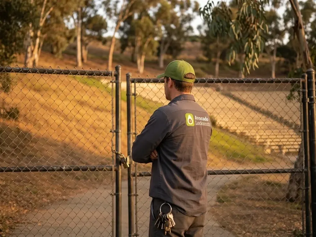 Avocado Locksmith technician in uniform at a park amphitheater gate at sunset in Vista