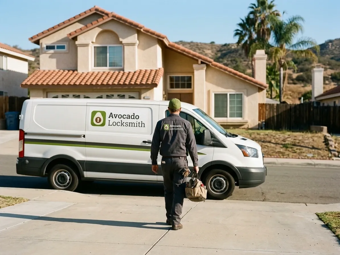 Avocado Locksmith technician walking from the service van to the front door of a tile-roof home in Vista