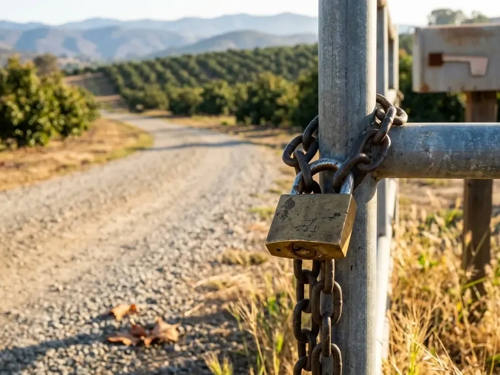 Brass padlock and chain on a pipe gate at a gravel driveway with avocado groves behind in Buena Creek, Vista