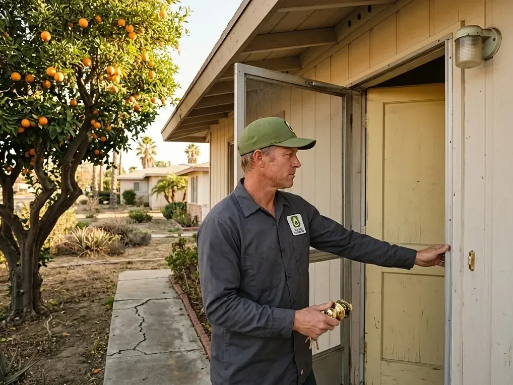 Locksmith at the screen door of a mid-century ranch house with an orange tree in Townsite, Vista
