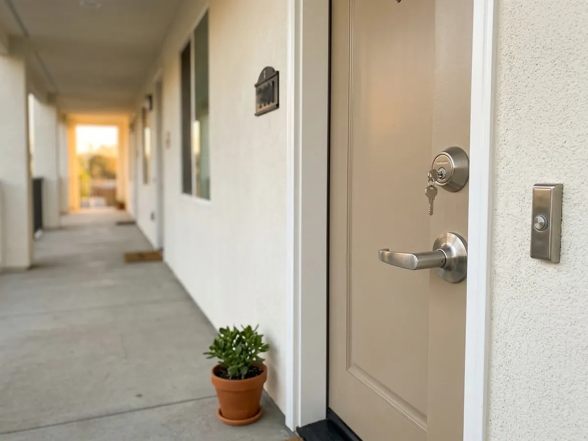 Brushed-nickel lever handle and deadbolt on a unit door in a new Vista senior community