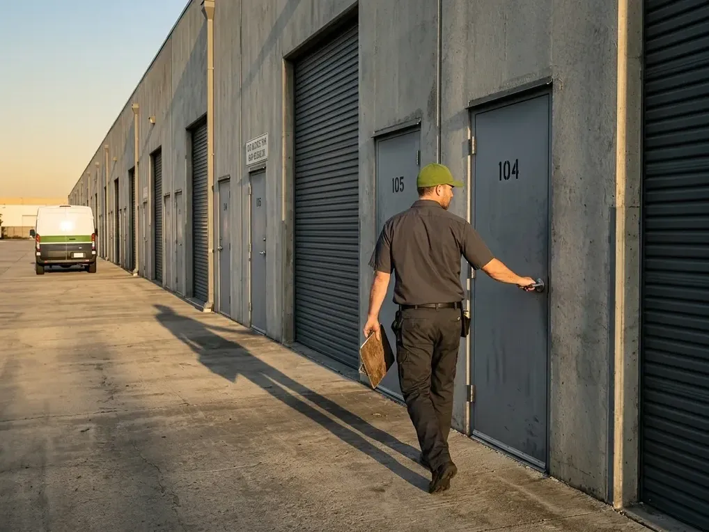 Locksmith with a clipboard checking a row of roll-up and man doors on a scheduled service visit in the Vista Business Park