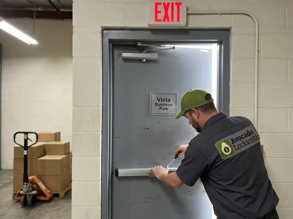 Locksmith adjusting a panic bar on a steel exit door under a lit EXIT sign in a Vista warehouse